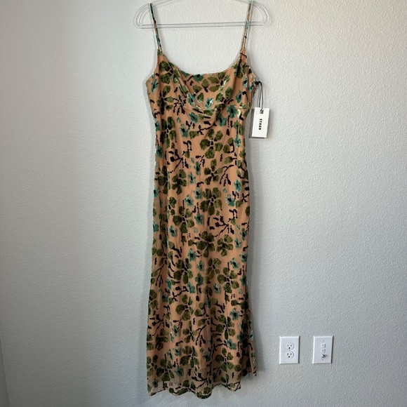 Staud size 12 Dianna midi slip dress floral burnout velvet tan green NEW - Picture 3 of 15
